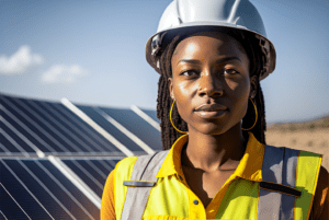 A woman in high-visibility vest and hard hat working on a utility-scale solar project.