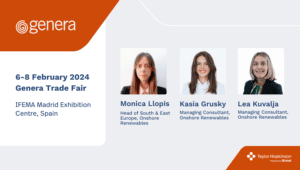 Graphic with Taylor Hopkinson renewable energy recruitment consultants Monica Llopis, Kasia Grusky and Lea Kuvala, who are attending the Genera 2024 Conference in Madrid on 5th February 2024.