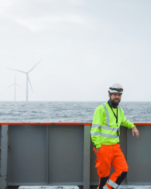 A Taylor Hopkinson offshore wind specialist on deck at an offshore wind farm.