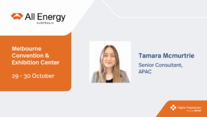 A graphic promoting Taylor Hopkinson's attendance at the All Energy Australia 2025 conference in Melbourne. It features and Senior Consultant Tamara McMurtrie.