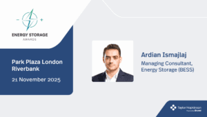 A graphic promoting Taylor Hopkinson's attendance at the Energy Storage Awards 2025. It features BESS Managing Consultant Ardian Ismajlaj and the Taylor Hopkinson logo.