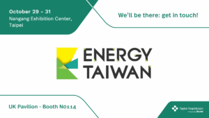 A graphic promoting Taylor Hopkinson's attendance at the Energy Taiwan Conference on October 29th to 31st