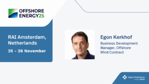 A graphic promoting Taylor Hopkinson's attendance at Offshore Energy 2025. It features Business Development Manager Egon Kerkhof and the Taylor Hopkinson logo.