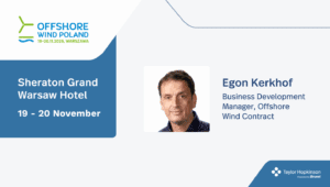 A graphic promoting Taylor Hopkinson's attendance at the PSEW Offshore Wind Poland 2025. It features Business Development Manager Egon Kerkhof and the Taylor Hopkinson logo.