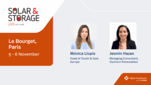 A graphic promoting Taylor Hopkinson's attendance at the Solar & Storage Live Paris conference. It features Head of South & East Europe, Monica Llopis, Managing Consultant Jasmin Hazan, and the Taylor Hopkinson logo.